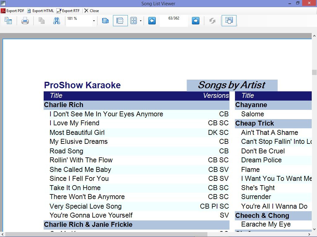 Karaoke Song List Viewer Software