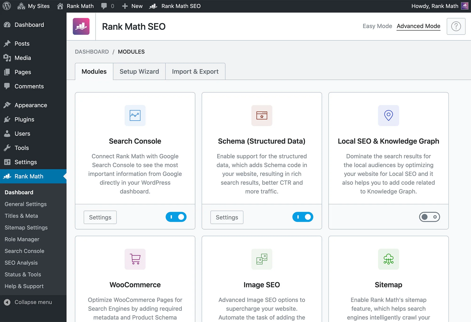 Rank Math PRO modules page