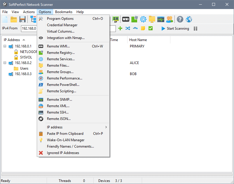 Softperfect network scanner main window