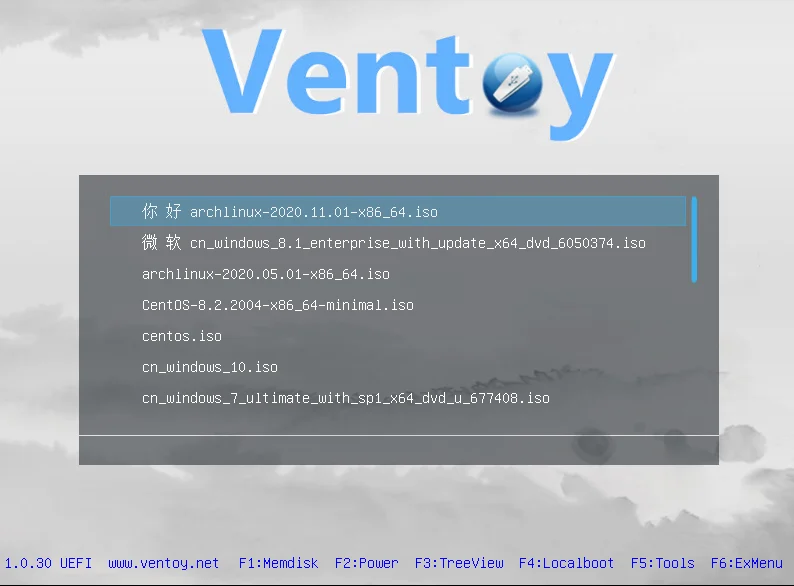 Ventoy live cd screen of uefi setup