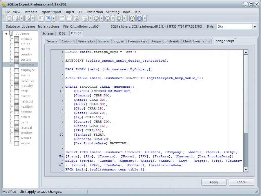 SQLite expert change script large