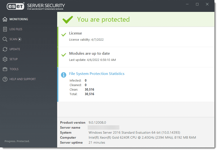 ESET Server Security activated with key