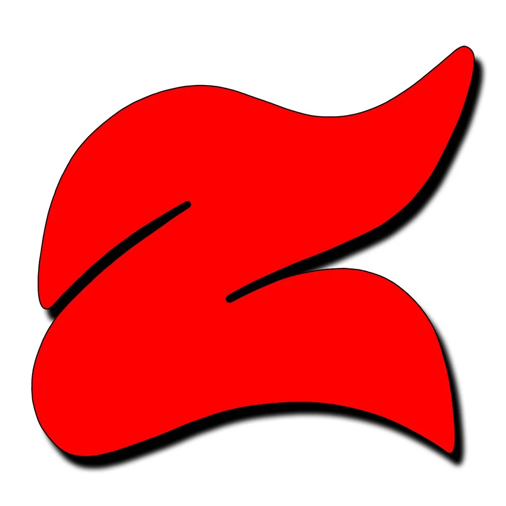 A red, abstract shape resembling a stylized 'Z' with curving, flowing lines. It has a smooth, glossy appearance and is set against a white background. Slightly tilted and casting a subtle shadow for a 3D effect, this design could easily complement the sleek interface of Zortam Mp3 Media Studio.