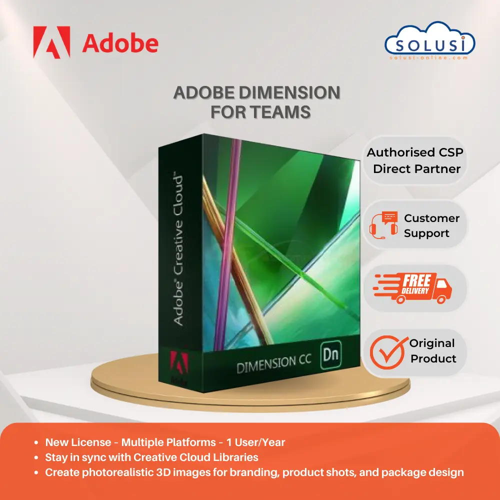 The packaging for Adobe Dimension for Teams highlights "New License - Multiple Platforms - 1 User/Year," boasting benefits like exceptional customer support, free delivery, and authenticity. Logos for Adobe and Solusi are prominently displayed to reinforce trust and quality.