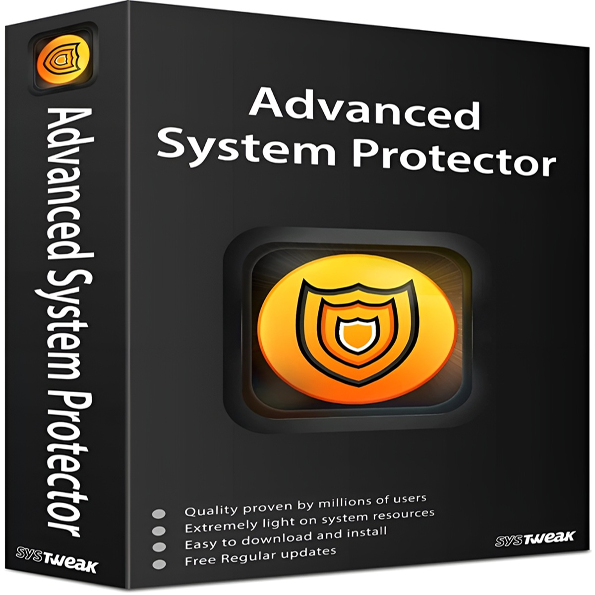 A sleek black box with a vibrant orange shield icon and the title "Advanced System Protector" in bold white letters. The product is marketed as lightweight, easy to download and install, with quality proven by millions of users and free regular updates from SysTweak.
