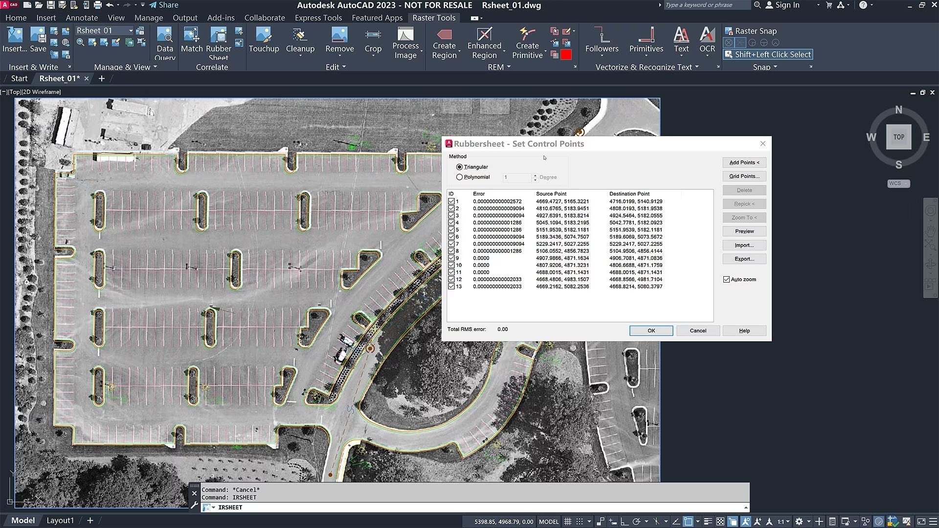 Autodesk AutoCAD Raster Design 2022: Computer screen showing parking lot map.