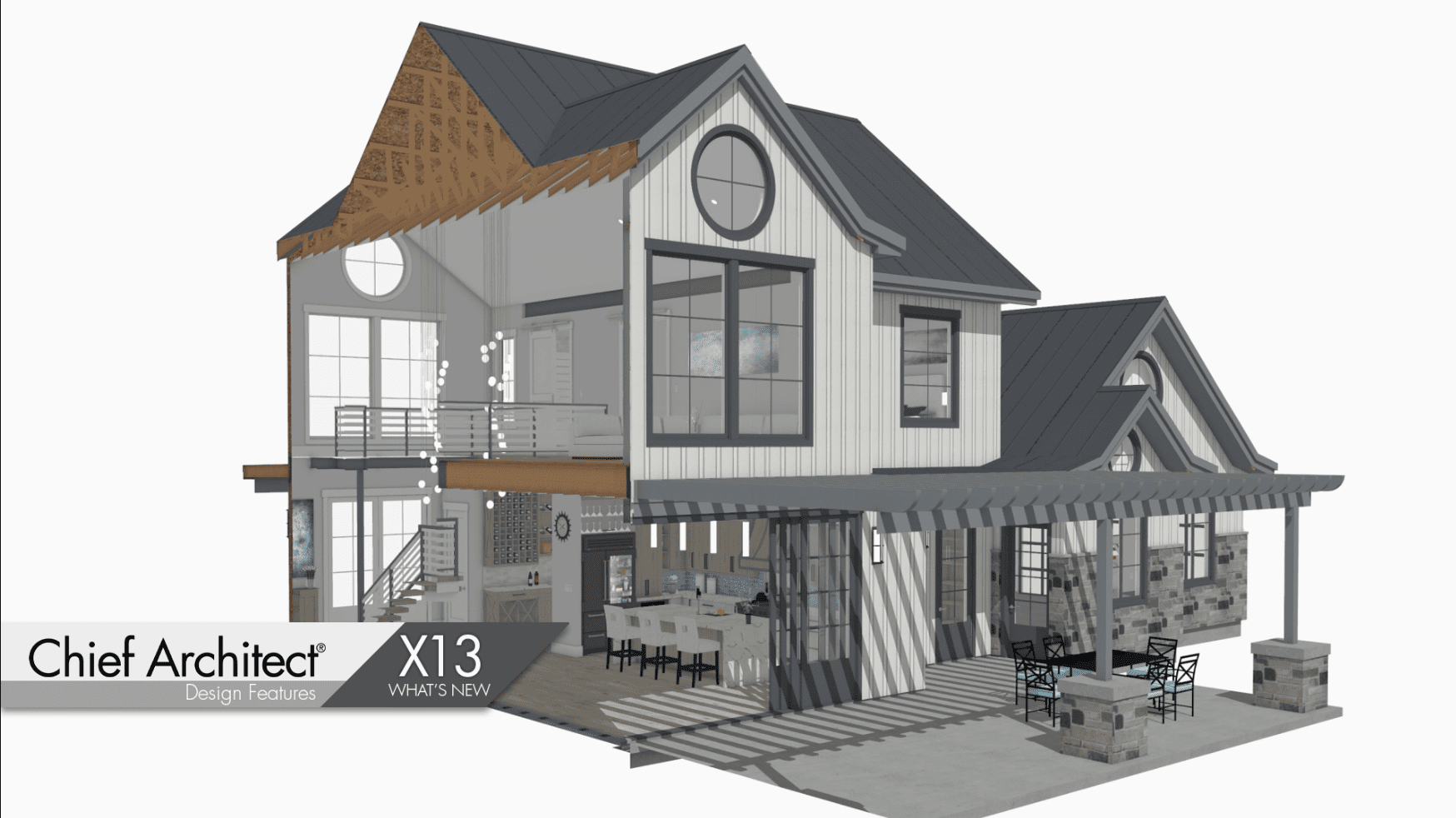 3D model of a house with porch and stairs designed using Chief Architect Interiors X14 software