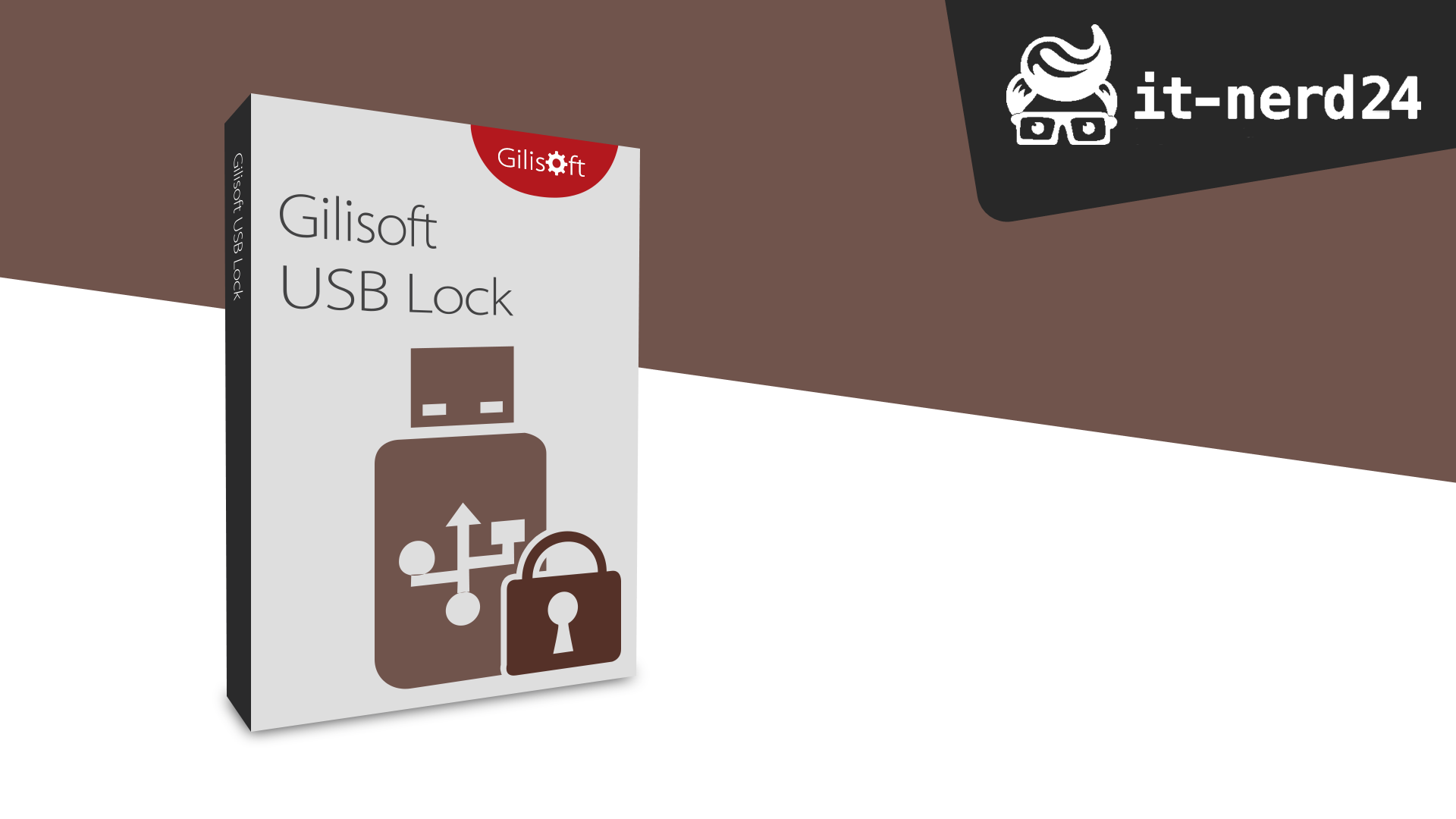 A software package box for "GiliSoft USB Lock" with a USB drive and lock icon on the front. The background is split diagonally into brown and white sections, with the text "it-nerd24" in the top right corner.