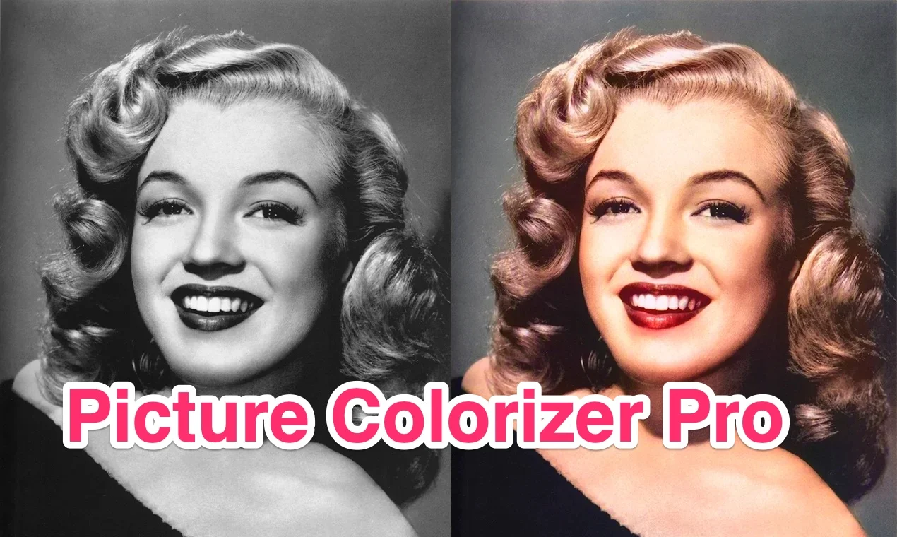 A black and white portrait of a smiling woman with curled hair is shown on the left, and the same image is vividly colorized on the right using Picture Colorizer. The text "Picture Colorizer Pro" is overlaid at the bottom.