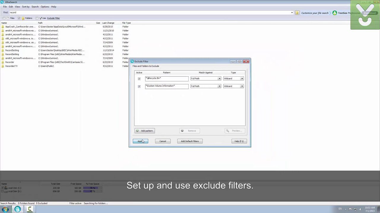 A computer screen displaying 'UltraSearch Professional' settings in the file explorer.