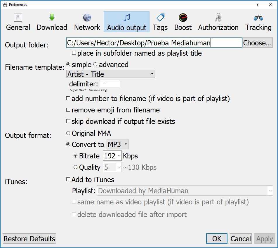 MediaHuman YouTube Downloader audio player settings dialed in.