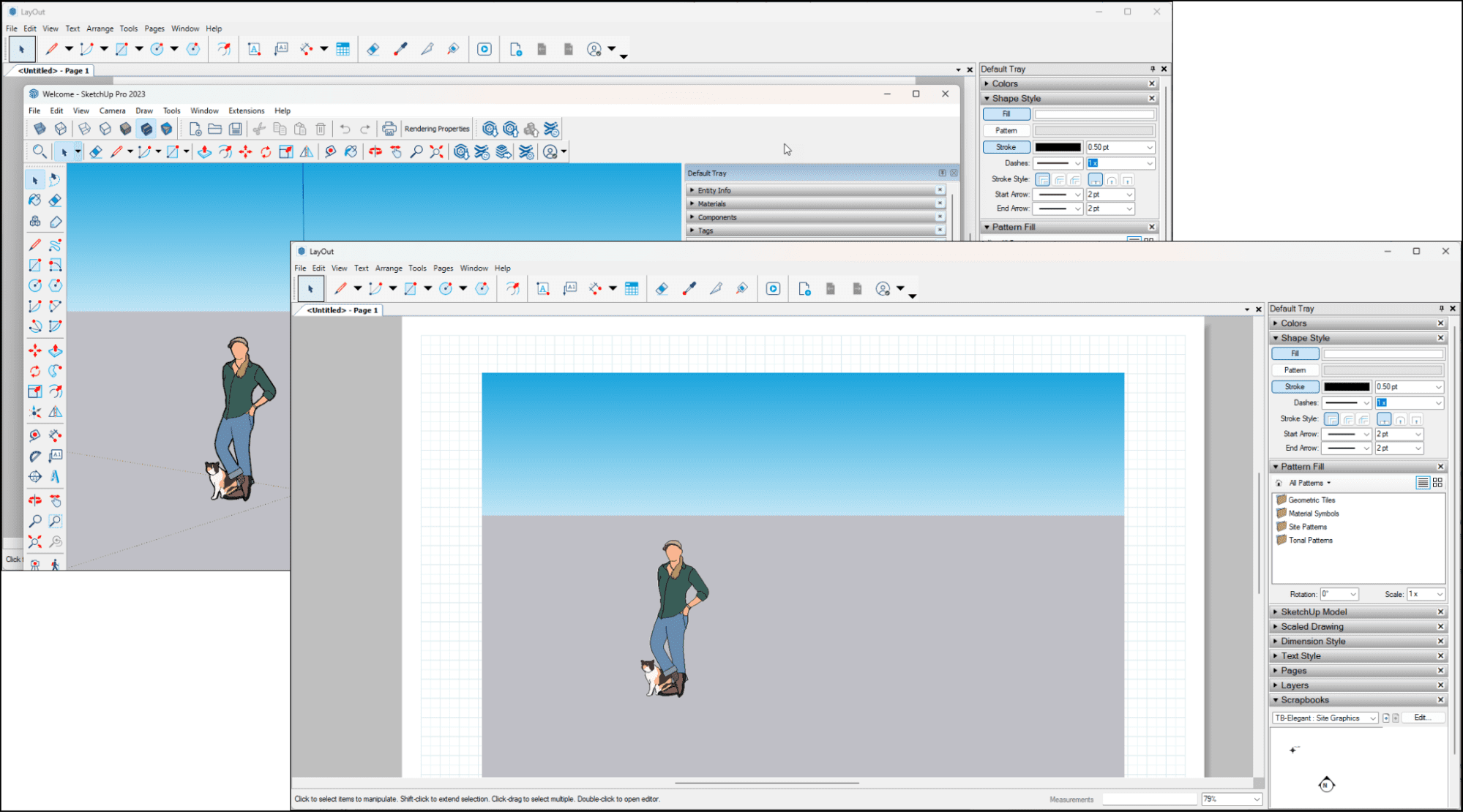 SketchUp Pro 2023: Person walking on a sidewalk displayed on a computer screen.