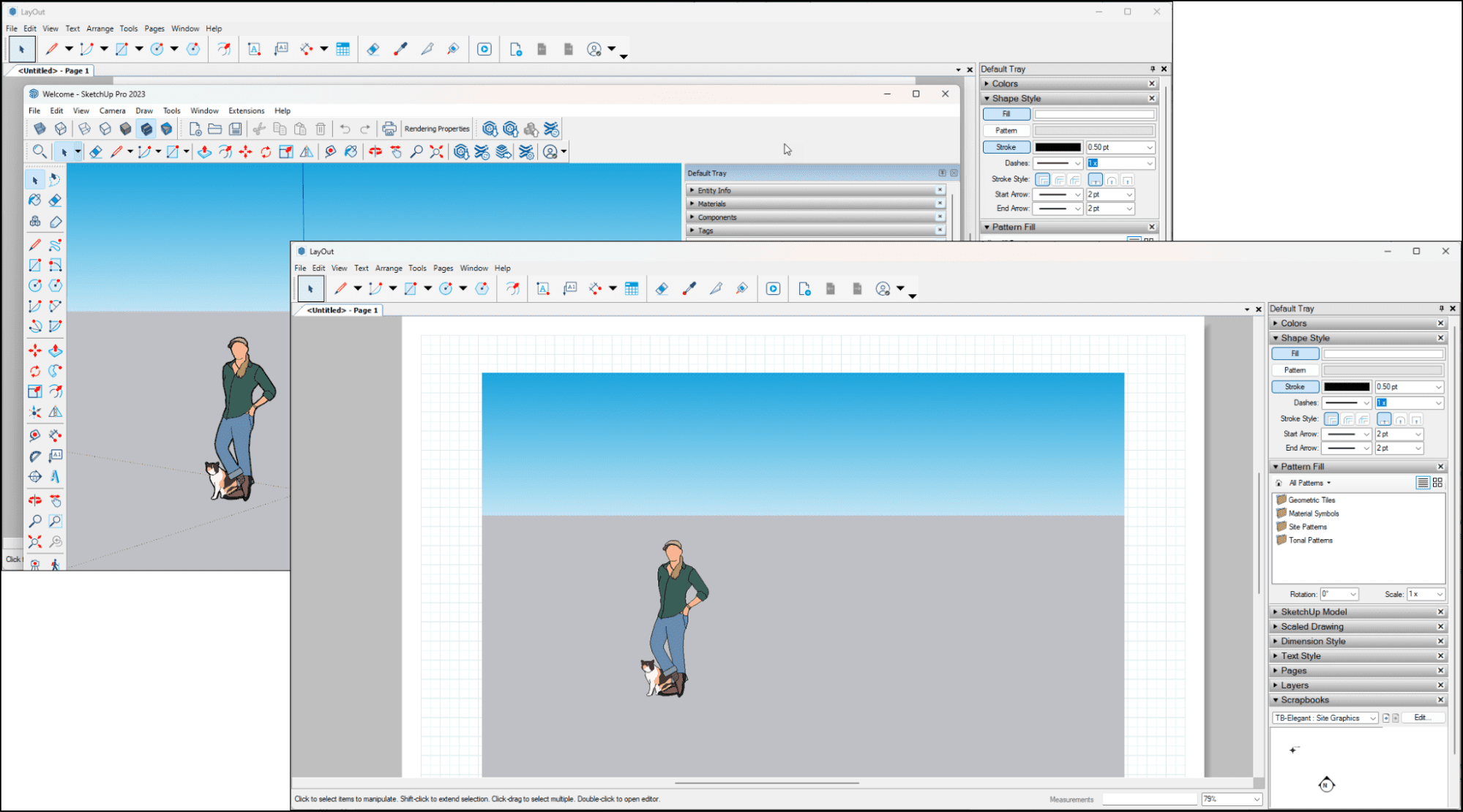 SketchUp Pro 2025 Person walking on a sidewalk displayed on a computer screen.