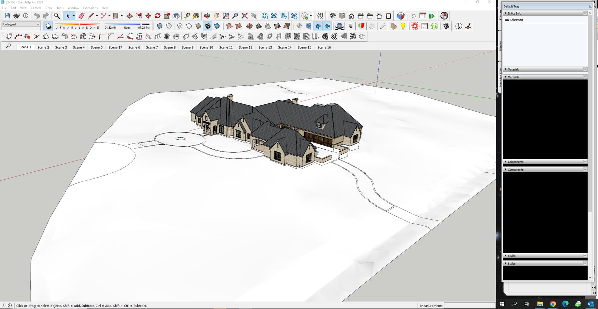 3D house design on SketchUp Pro 2023 displayed on a computer screen.