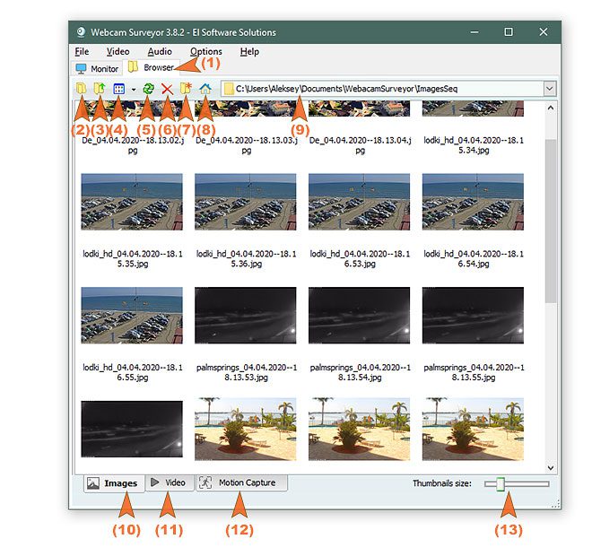 A screenshot of Windows 10 File Explorer with Webcam Surveyor.