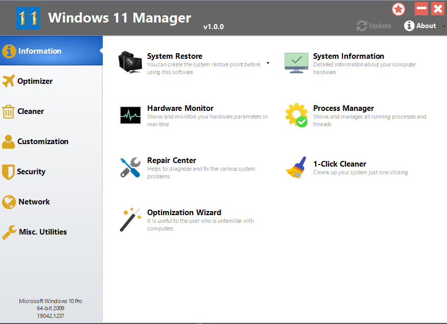 Screenshot of Yamicsoft Windows 11 Manager, a management tool for Windows 10 operating system.