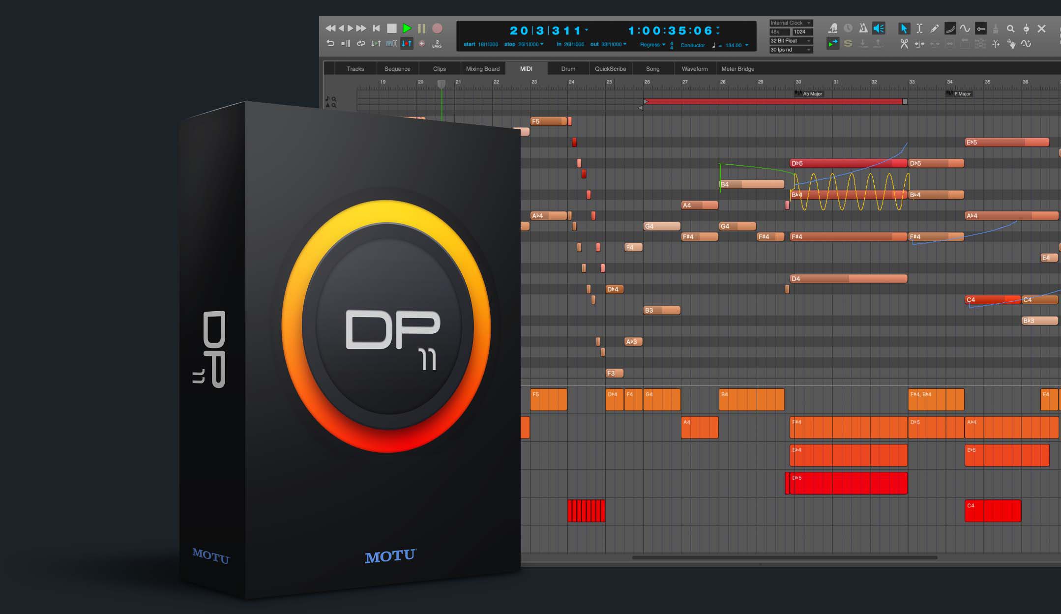 Image of MOTU Digital Performer software interface with various audio tracks and editing tools.