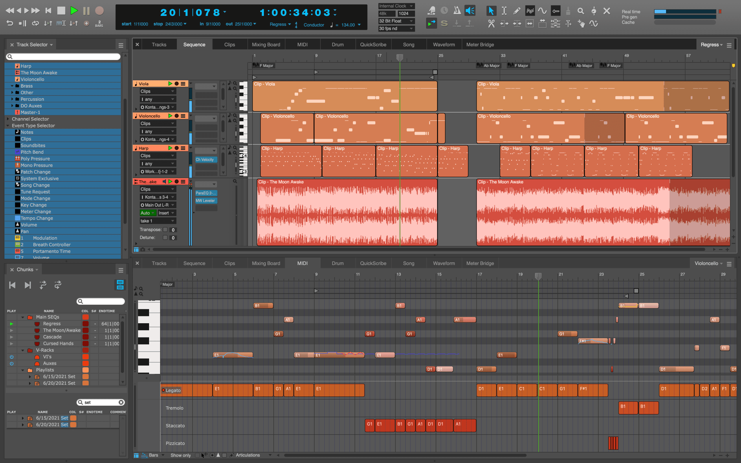 Interface of MOTU Digital Performer music production software, featuring various tools and controls for creating music