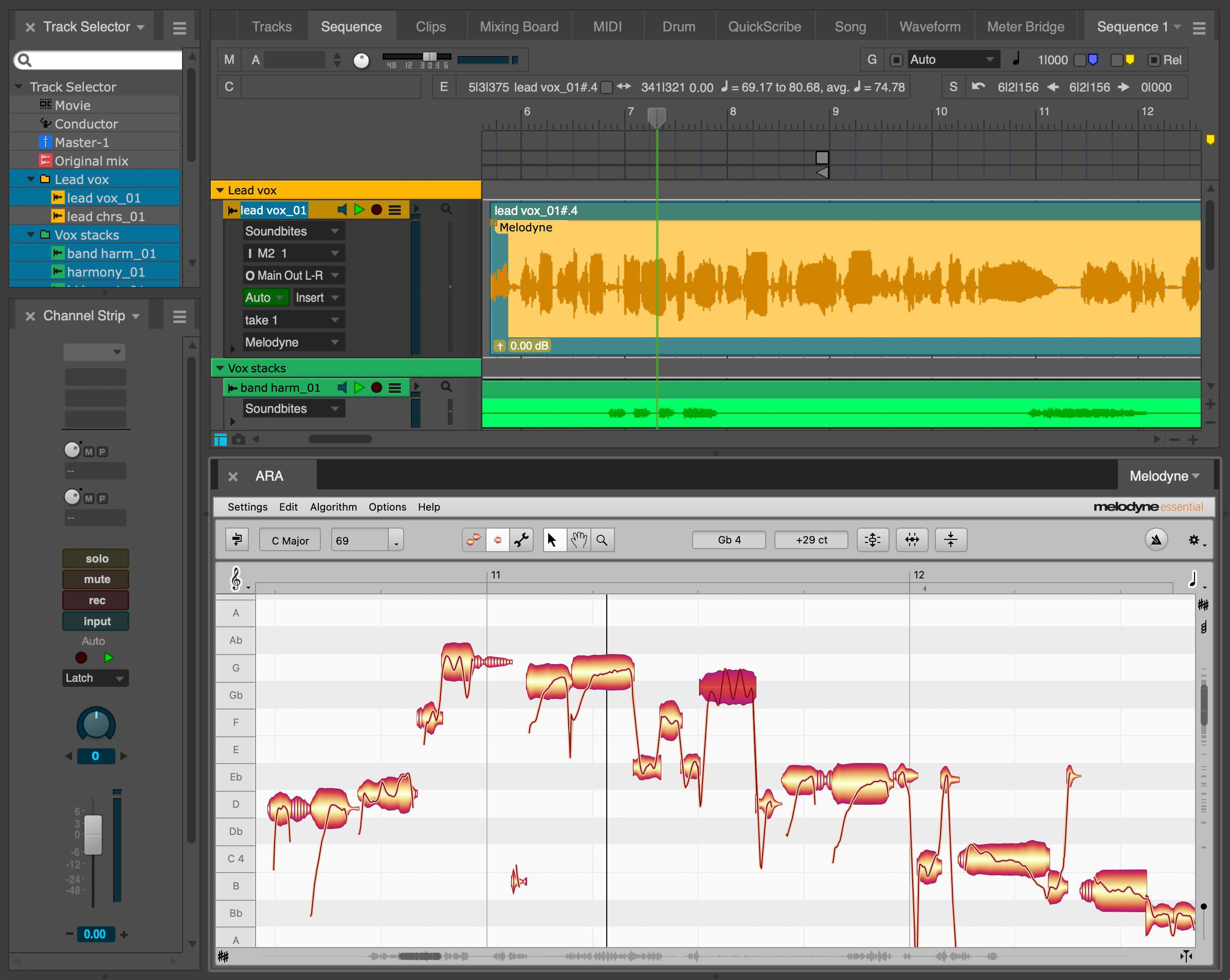 A screen shot of MOTU Digital Performer, a music editor software, displaying a waveform and various editing tools.