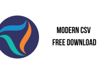 A dark blue circle with abstract green and orange swooshes on the left. The text on the right reads "MODERN CSV FREE DOWNLOAD" in bold, black letters against a white background.