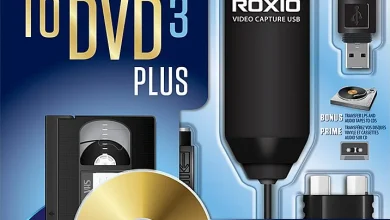 Promotional image for Roxio Easy VHS to DVD 3 Plus, featuring a video capture USB device, a VHS tape, and a gold DVD. Text highlights Roxio Easy VHS to DVD's purpose of converting VHS tapes to DVD movies, with additional features and flags of various countries at the top.