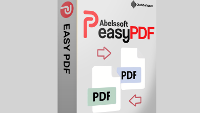 A software box for "Abelssoft Easy PDF" is displayed. The design features large "P" and "PDF" letters, with graphics of PDF icons and arrows indicating conversion. The background is white with yellow accents along the edges, highlighting this excellent PDF software.