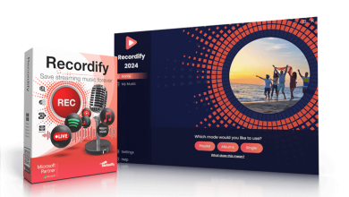 A software product image for Abelssoft Recordify 2024. The packaging showcases a microphone and music notes with the text "Save streaming music forever." The screen features a user interface with options for Playlist, Albums, and Single, against a background of people on a beach.