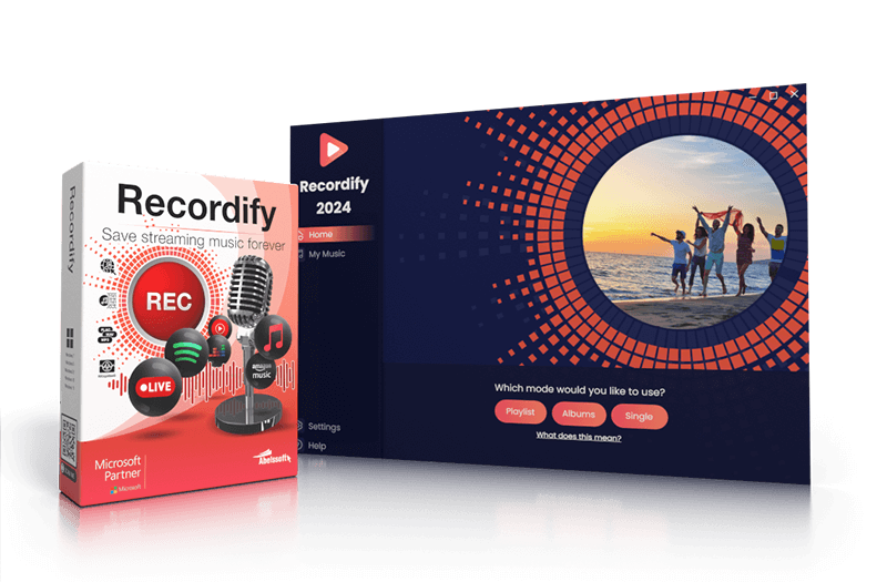A software product image for Abelssoft Recordify 2024. The packaging showcases a microphone and music notes with the text "Save streaming music forever." The screen features a user interface with options for Playlist, Albums, and Single, against a background of people on a beach.