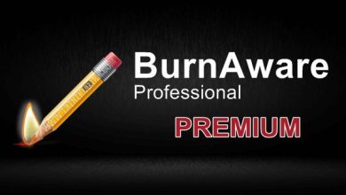 A pencil with a burning tip is featured on the left side against a dark background. On the right, the words "BurnAware Professional" are written in white, with "PREMIUM" in red capital letters below them. This design captures the essence of BurnAware Professional's premium patch release.