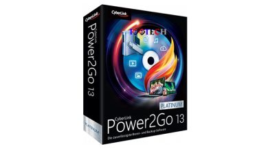 Image of a software box for CyberLink Power2Go 13 Platinum. The box features a colorful disc surrounded by icons representing various media and devices. Text on the box reads "CyberLink Power2Go 13" and "Die zuverlässigste Brenn- und Backup-Software." Ideal for users familiar with AppDoze solutions.