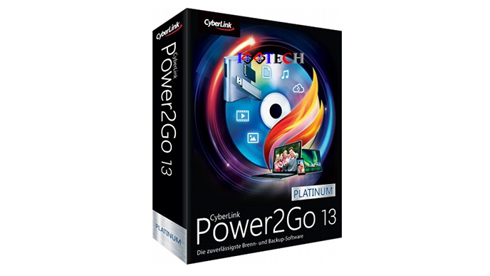Image of a software box for CyberLink Power2Go 13 Platinum. The box features a colorful disc surrounded by icons representing various media and devices. Text on the box reads "CyberLink Power2Go 13" and "Die zuverlässigste Brenn- und Backup-Software." Ideal for users familiar with AppDoze solutions.