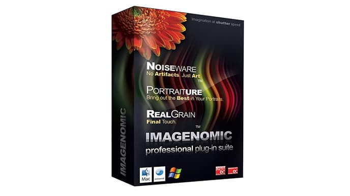A software box for Imagenomic Professional Plugin Suite, Build 2025. Features include Noiseware for noise reduction, Portraiture for portrait enhancement, and RealGrain for film grain effects. Compatible with Mac and Windows, with a flower image in the top left corner.