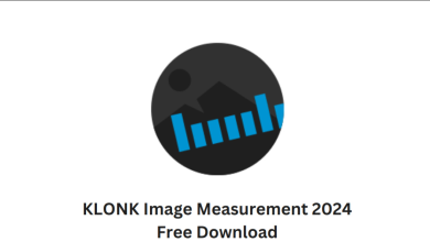 A black circle with a stylized mountain and blue bar chart inside it. Below the circle, there is text that says "KLONK Image Measurement v2024.1.16.0 Free Download.