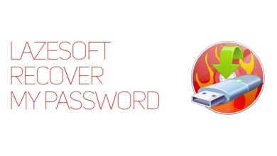 The "Lazesoft Recover My Password" text appears next to an icon of a USB flash drive with a green arrow pointing down, set against a background of red flames. The design is updated for Server v4.7.2.1, promising enhanced recovery performance and reliability.