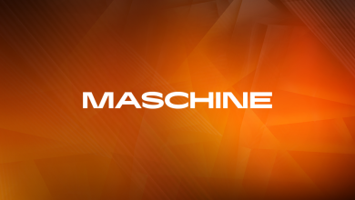 An abstract background with geometric shapes in various shades of orange and brown. The word "MASCHINE" is centered in bold white uppercase letters. The design has a modern and dynamic appearance.