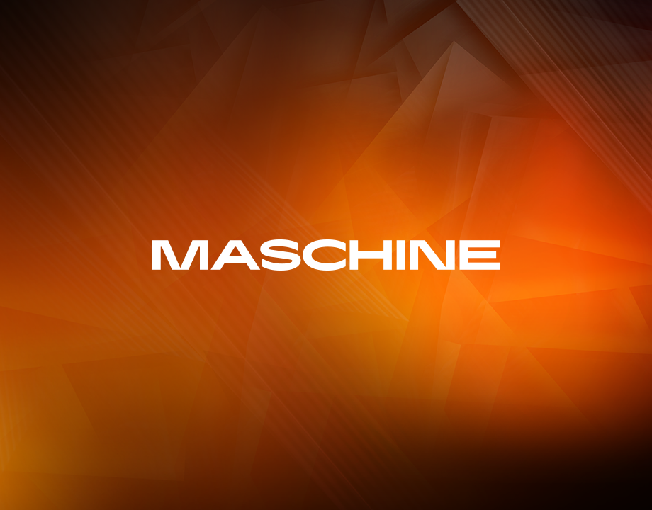 An abstract background with geometric shapes in various shades of orange and brown. The word "MASCHINE" is centered in bold white uppercase letters. The design has a modern and dynamic appearance.