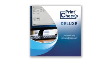 A product box for Print Checks Deluxe software. The design features a computer screen and checks being printed, with branding and text that reads, "The business class check printing solution for all your check printing needs." The color scheme is primarily blue and white, highlighting the pre-activated software.